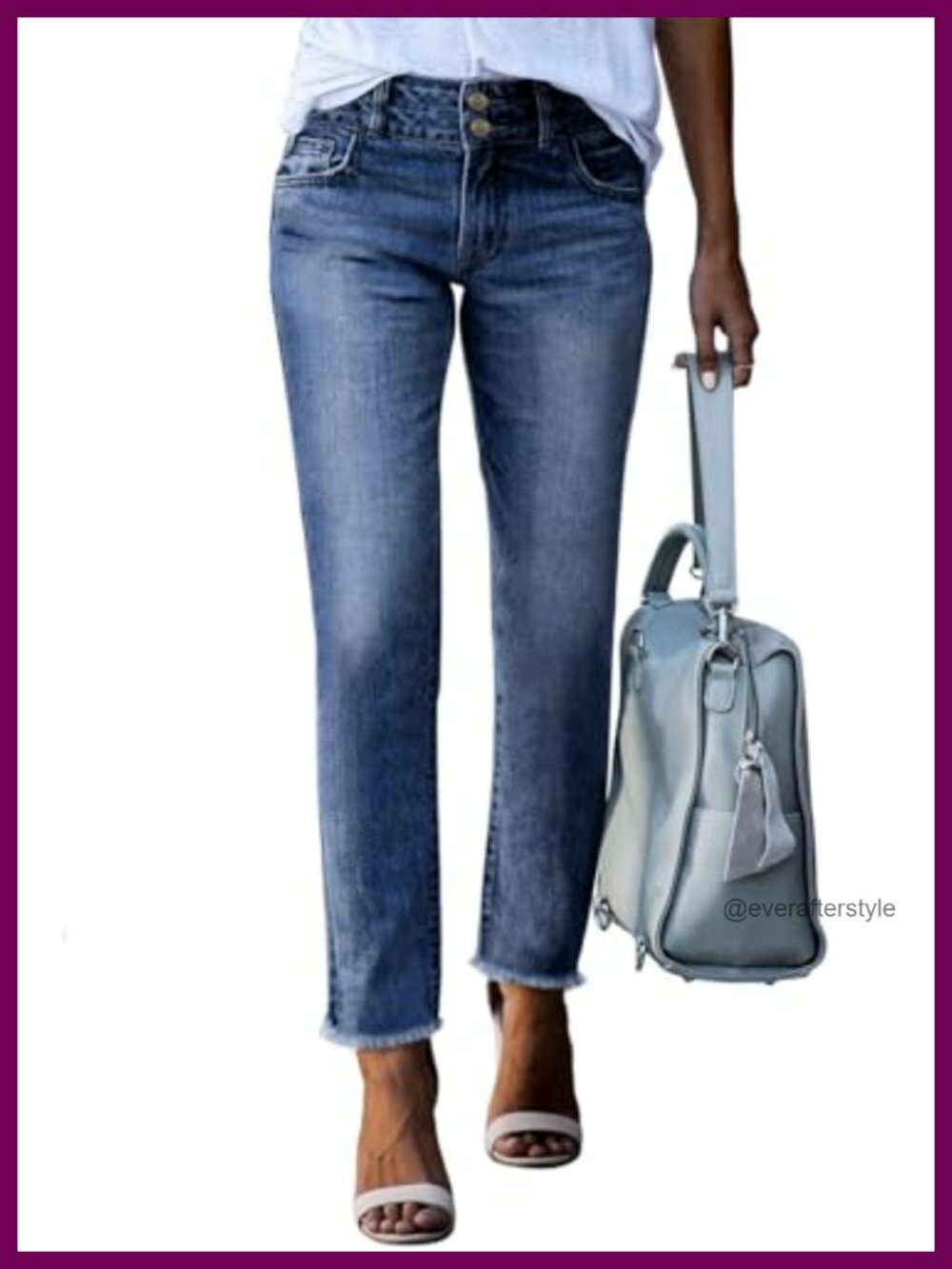 High Waisted Raw Hem Straight Leg Jeans Cotton Denim